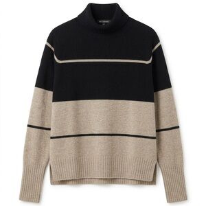 360 Cashmere Black and Beige Striped Cashmere Turtleneck Sweater-DRY CLEANED